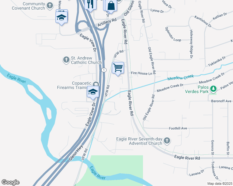 map of restaurants, bars, coffee shops, grocery stores, and more near 10421 Vfw Road in Anchorage