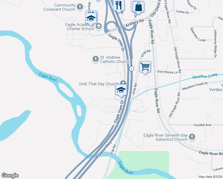 map of restaurants, bars, coffee shops, grocery stores, and more near 16341 Rebischke Lane in Anchorage
