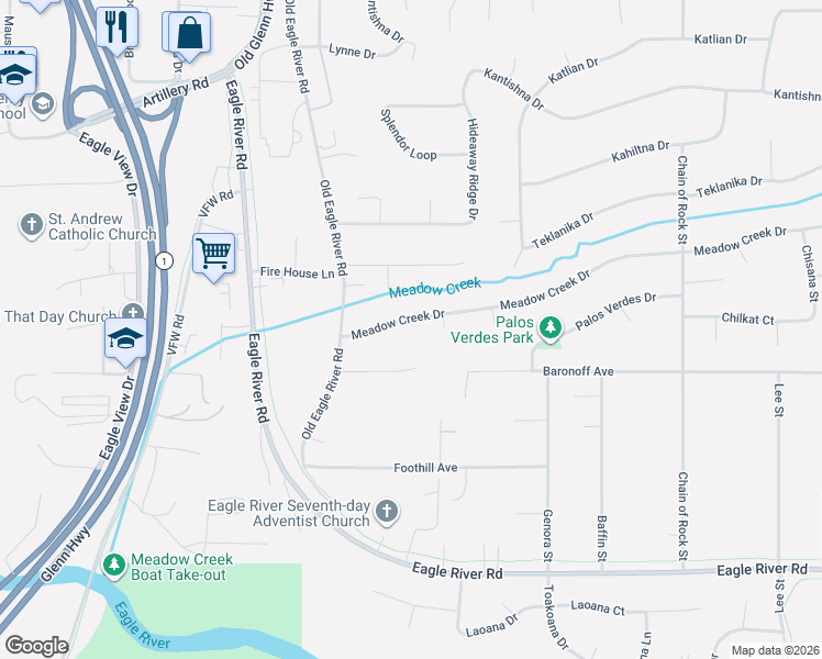 map of restaurants, bars, coffee shops, grocery stores, and more near 17025 Meadow Creek Drive in Anchorage