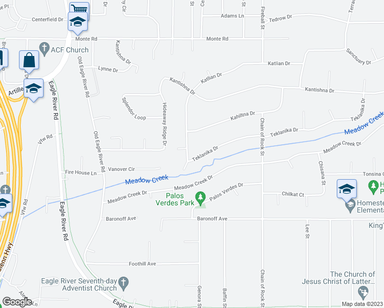 map of restaurants, bars, coffee shops, grocery stores, and more near 17311 Teklanika Drive in Anchorage