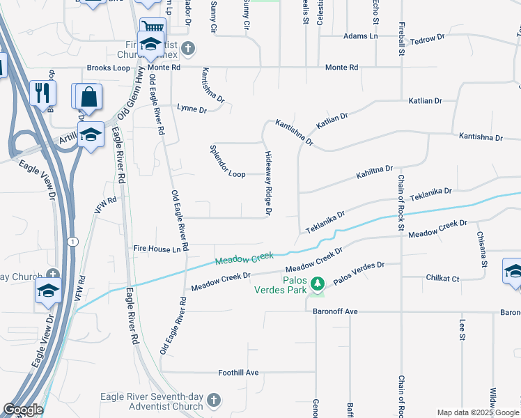 map of restaurants, bars, coffee shops, grocery stores, and more near 12333 Hideaway Ridge Drive in Anchorage