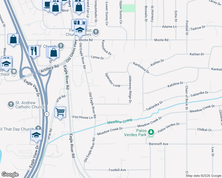 map of restaurants, bars, coffee shops, grocery stores, and more near 10871 Splendor Loop in Anchorage