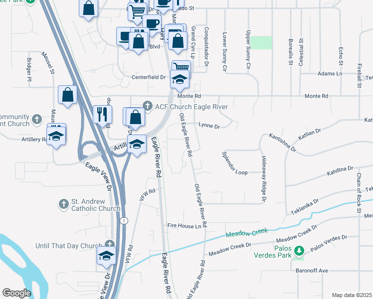 map of restaurants, bars, coffee shops, grocery stores, and more near 19900 Old Eagle River Road in Anchorage