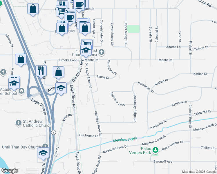 map of restaurants, bars, coffee shops, grocery stores, and more near 16920 Lynne Drive in Anchorage