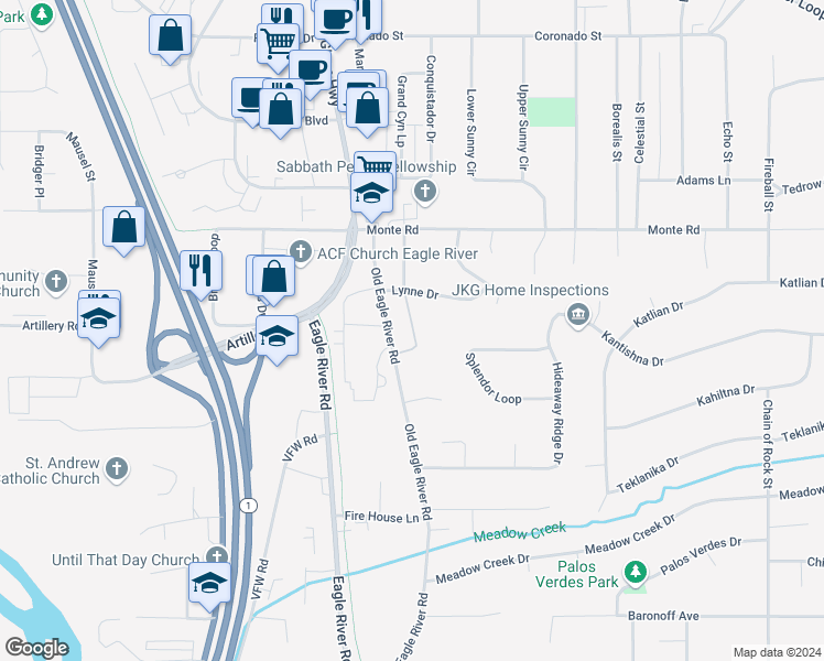 map of restaurants, bars, coffee shops, grocery stores, and more near 11047 Hannah Jane Place in Anchorage