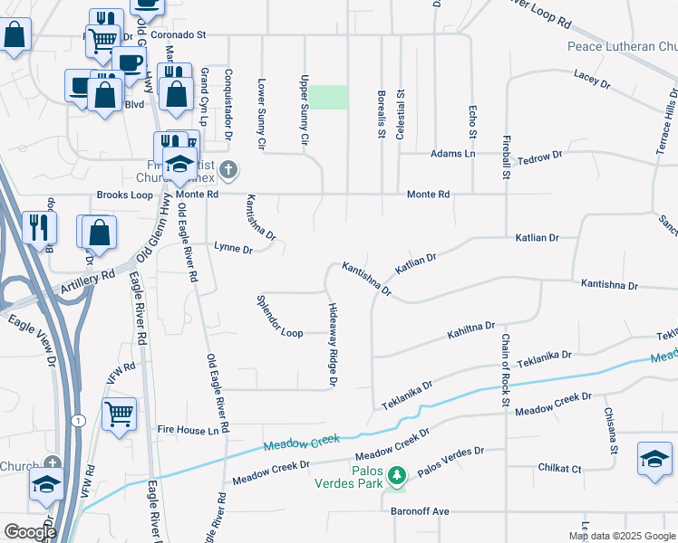 map of restaurants, bars, coffee shops, grocery stores, and more near 17298 Hideaway Ridge Drive in Anchorage