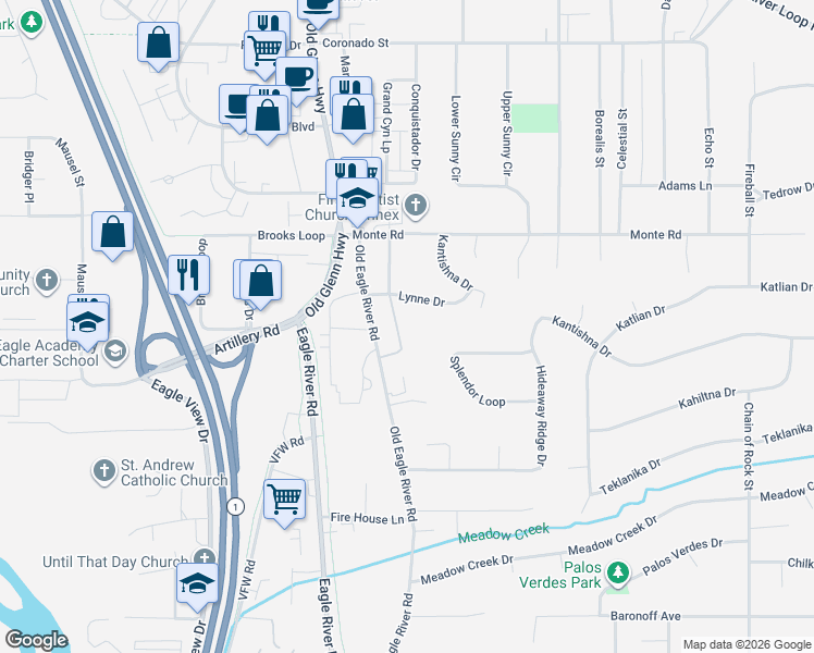 map of restaurants, bars, coffee shops, grocery stores, and more near 11047 Hannah Jane Place in Anchorage