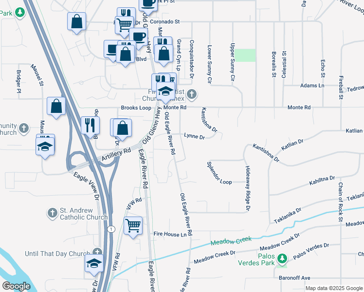 map of restaurants, bars, coffee shops, grocery stores, and more near 11047 Hannah Jane Place in Anchorage