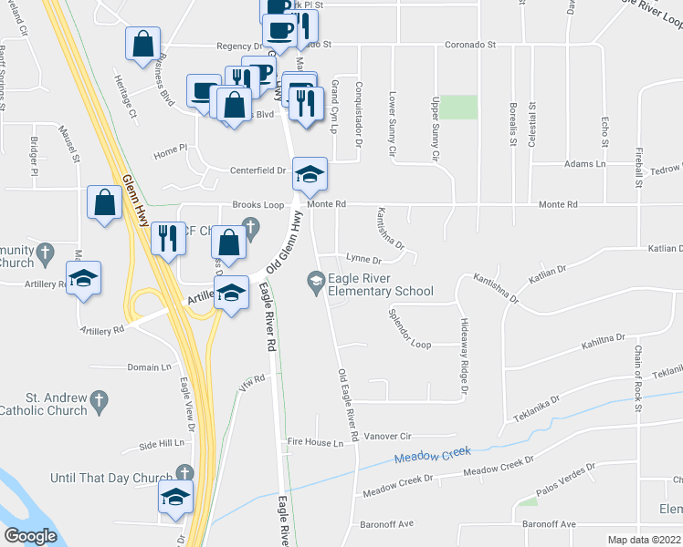 map of restaurants, bars, coffee shops, grocery stores, and more near 11063 Hannah Jane Place in Anchorage