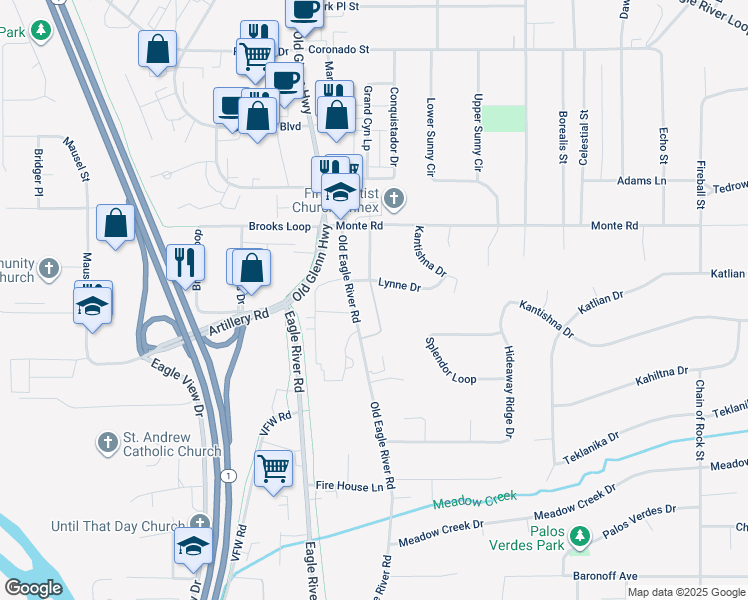map of restaurants, bars, coffee shops, grocery stores, and more near 11047 Hannah Jane Place in Anchorage