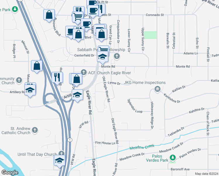 map of restaurants, bars, coffee shops, grocery stores, and more near 11050 Hannah Jane Place in Anchorage