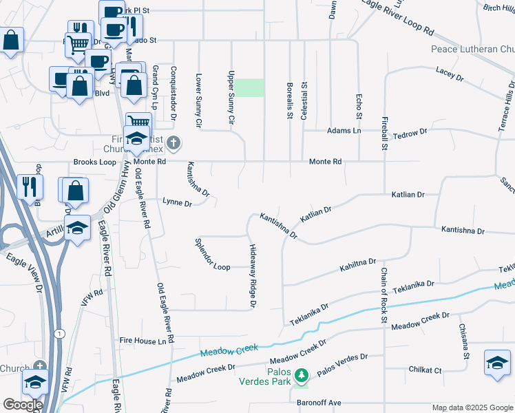 map of restaurants, bars, coffee shops, grocery stores, and more near 17298 Hideaway Ridge Drive in Anchorage