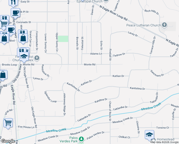map of restaurants, bars, coffee shops, grocery stores, and more near 17337 Monte Road in Anchorage