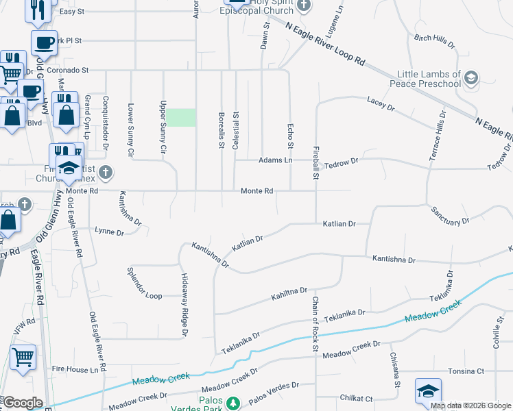 map of restaurants, bars, coffee shops, grocery stores, and more near 17337 Monte Road in Anchorage