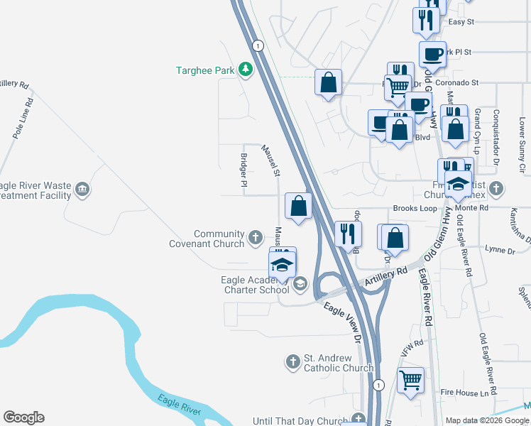 map of restaurants, bars, coffee shops, grocery stores, and more near 16114 Mammoth Court in Anchorage