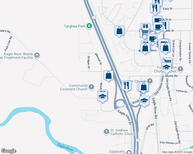 map of restaurants, bars, coffee shops, grocery stores, and more near 16114 Mammoth Court in Anchorage