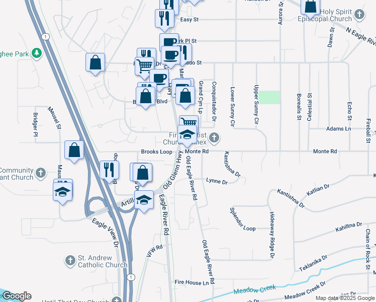 map of restaurants, bars, coffee shops, grocery stores, and more near 19900 Old Eagle River Road in Anchorage