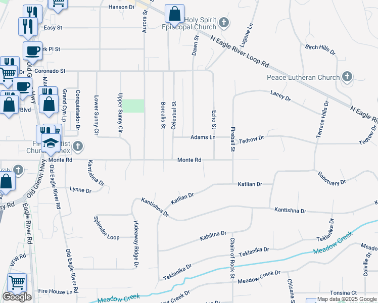 map of restaurants, bars, coffee shops, grocery stores, and more near 17337 Monte Road in Anchorage