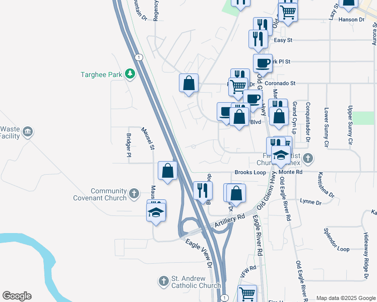 map of restaurants, bars, coffee shops, grocery stores, and more near 11401 Heritage Court in Anchorage