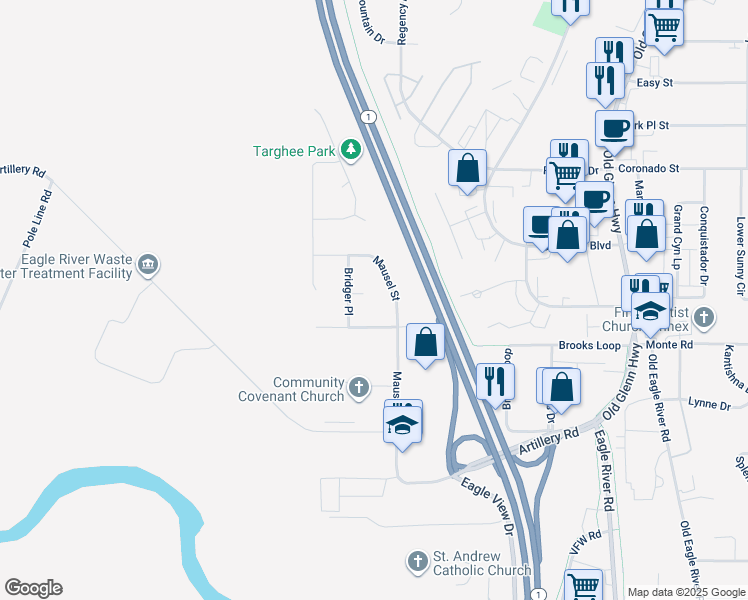 map of restaurants, bars, coffee shops, grocery stores, and more near 11233 Bridger Circle in Anchorage