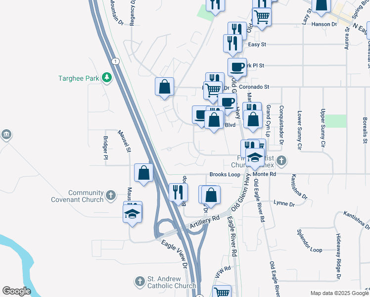 map of restaurants, bars, coffee shops, grocery stores, and more near 16431 Home Place in Anchorage