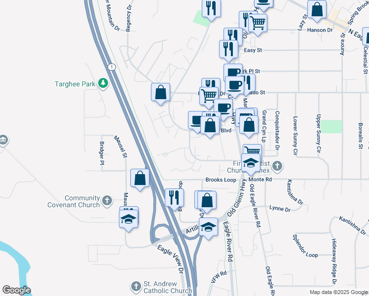 map of restaurants, bars, coffee shops, grocery stores, and more near 11306 Wood River Way in Anchorage