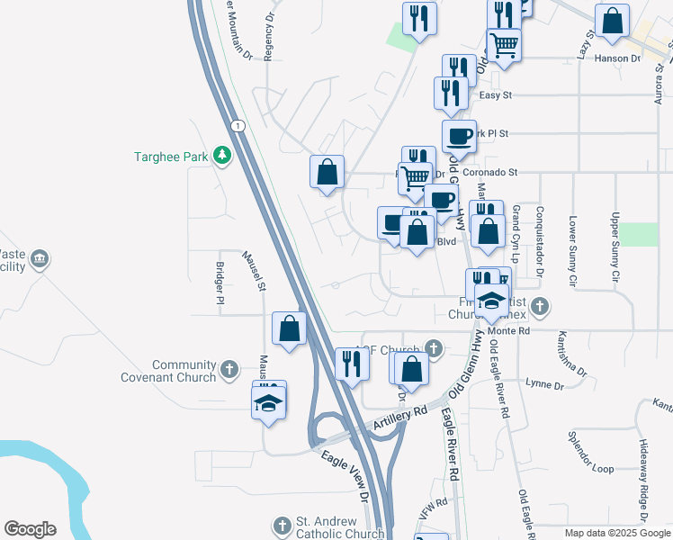 map of restaurants, bars, coffee shops, grocery stores, and more near 16411 Home Place in Anchorage