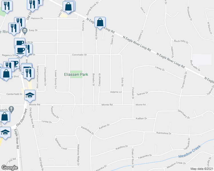 map of restaurants, bars, coffee shops, grocery stores, and more near 11330 Dawn Street in Anchorage