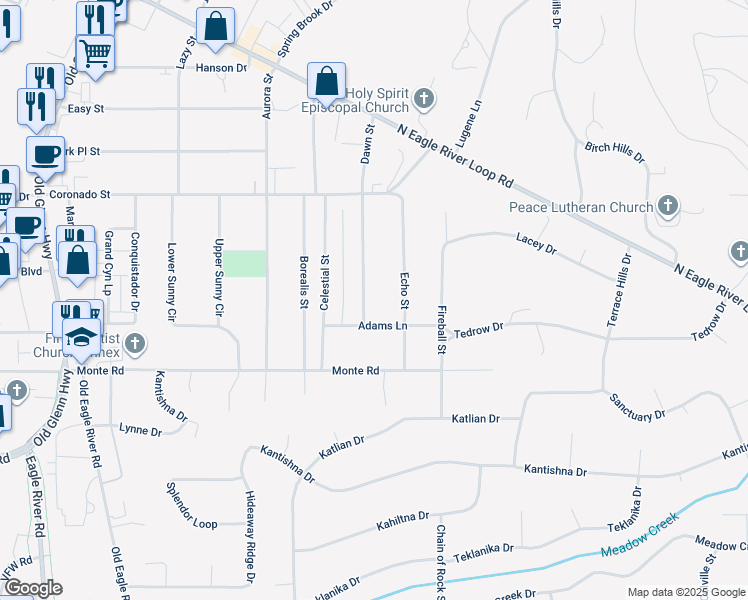 map of restaurants, bars, coffee shops, grocery stores, and more near 11330 Dawn Street in Anchorage