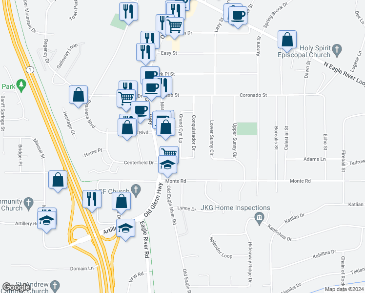 map of restaurants, bars, coffee shops, grocery stores, and more near 11357 Grand Canyon Loop in Anchorage