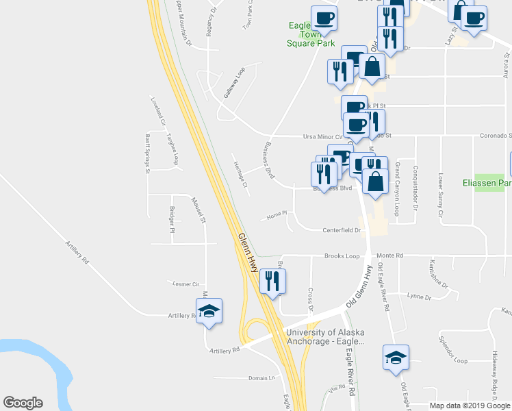 map of restaurants, bars, coffee shops, grocery stores, and more near 11401 Heritage Court in Anchorage