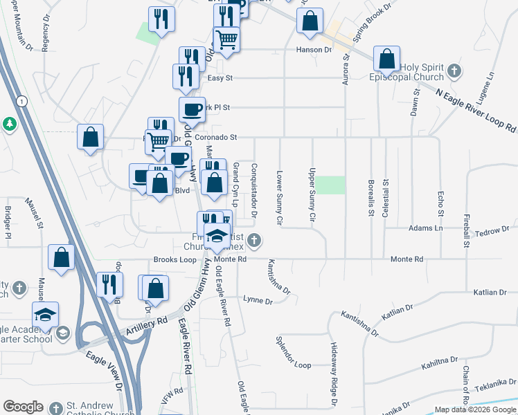 map of restaurants, bars, coffee shops, grocery stores, and more near 11334 Lower Sunny Circle in Anchorage