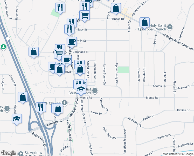 map of restaurants, bars, coffee shops, grocery stores, and more near 11334 Lower Sunny Circle in Anchorage