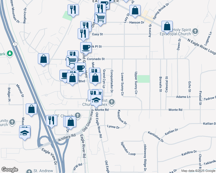 map of restaurants, bars, coffee shops, grocery stores, and more near 11357 Grand Canyon Loop in Anchorage