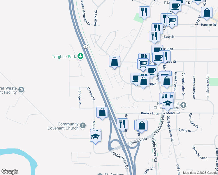 map of restaurants, bars, coffee shops, grocery stores, and more near 11404 Heritage Court in Anchorage