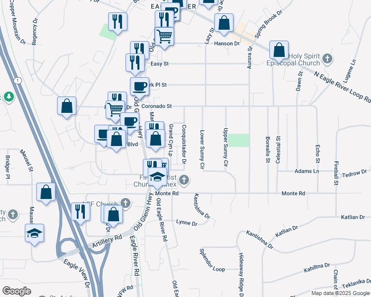 map of restaurants, bars, coffee shops, grocery stores, and more near 11334 Lower Sunny Circle in Anchorage