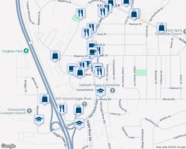 map of restaurants, bars, coffee shops, grocery stores, and more near 11261 Business Boulevard in Anchorage