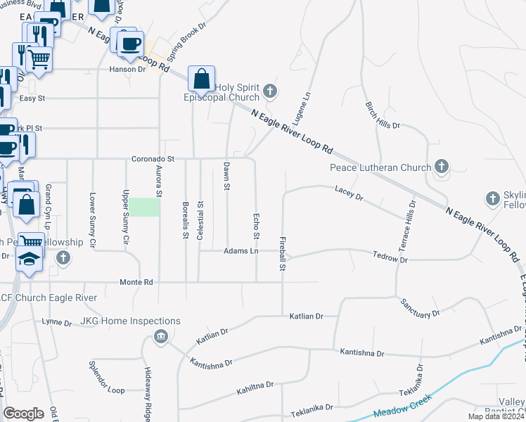 map of restaurants, bars, coffee shops, grocery stores, and more near 11407 Echo Street in Anchorage