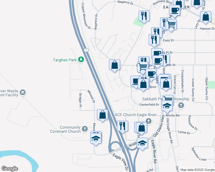 map of restaurants, bars, coffee shops, grocery stores, and more near 11420 Heritage Court in Anchorage