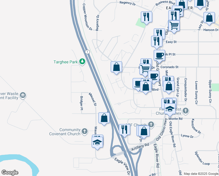 map of restaurants, bars, coffee shops, grocery stores, and more near 11404 Heritage Court in Anchorage