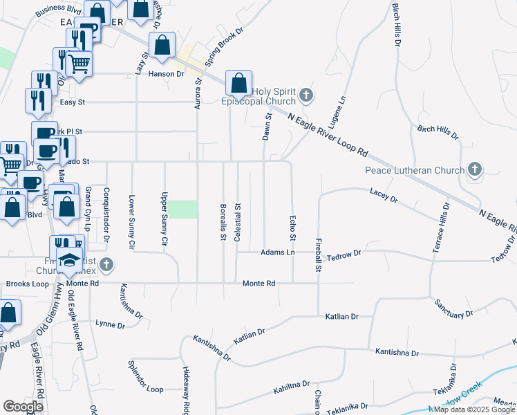 map of restaurants, bars, coffee shops, grocery stores, and more near 11516 Dawn Street in Anchorage
