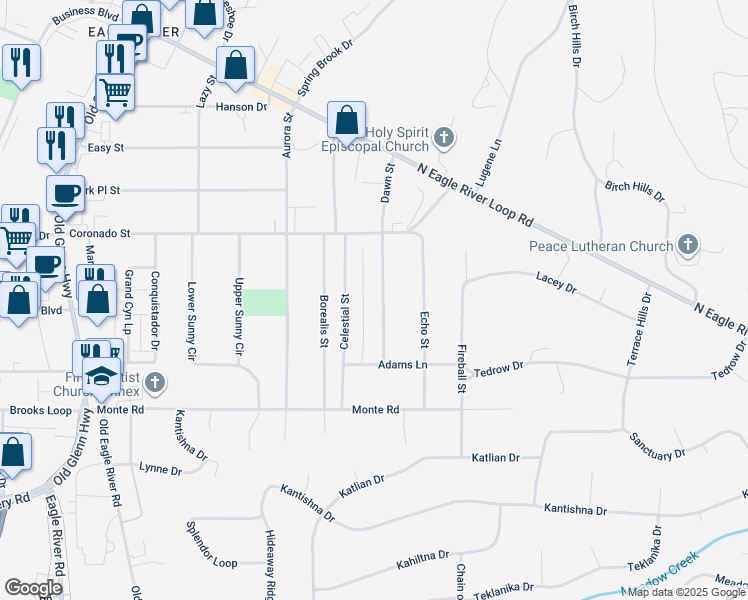 map of restaurants, bars, coffee shops, grocery stores, and more near 11414 Dawn Street in Anchorage