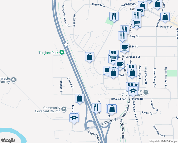 map of restaurants, bars, coffee shops, grocery stores, and more near 16331 Heritage Place in Anchorage