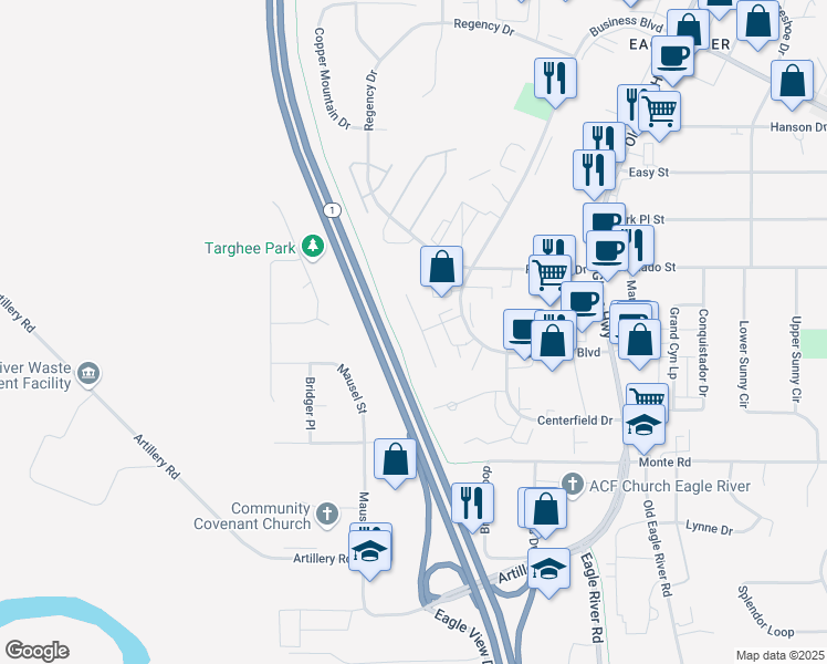 map of restaurants, bars, coffee shops, grocery stores, and more near 11432 Heritage Court in Anchorage