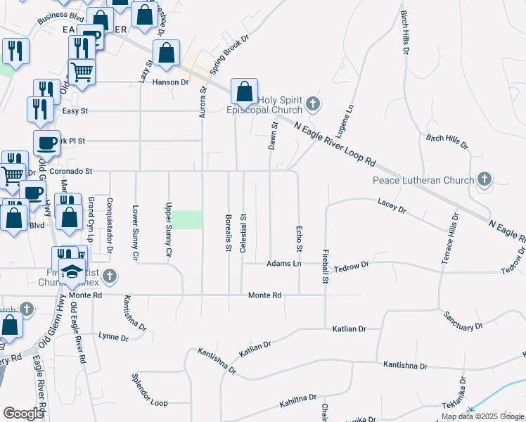 map of restaurants, bars, coffee shops, grocery stores, and more near 11516 Dawn Street in Anchorage
