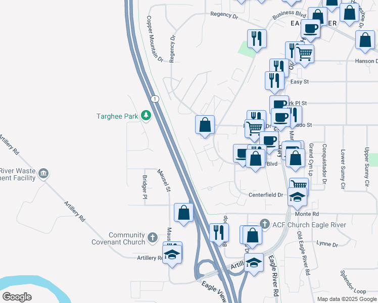 map of restaurants, bars, coffee shops, grocery stores, and more near 11434 Heritage Court in Anchorage