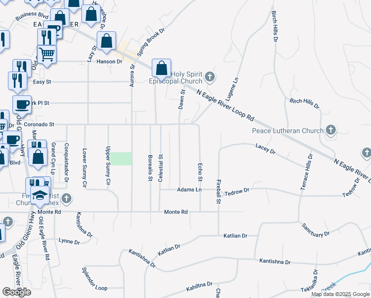 map of restaurants, bars, coffee shops, grocery stores, and more near 11441 Dawn Street in Anchorage