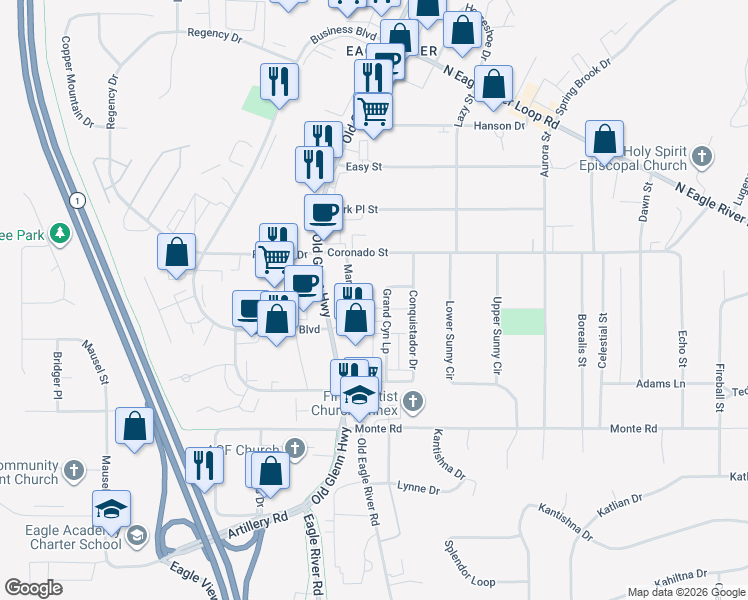 map of restaurants, bars, coffee shops, grocery stores, and more near 11501 Old Glenn Highway in Anchorage