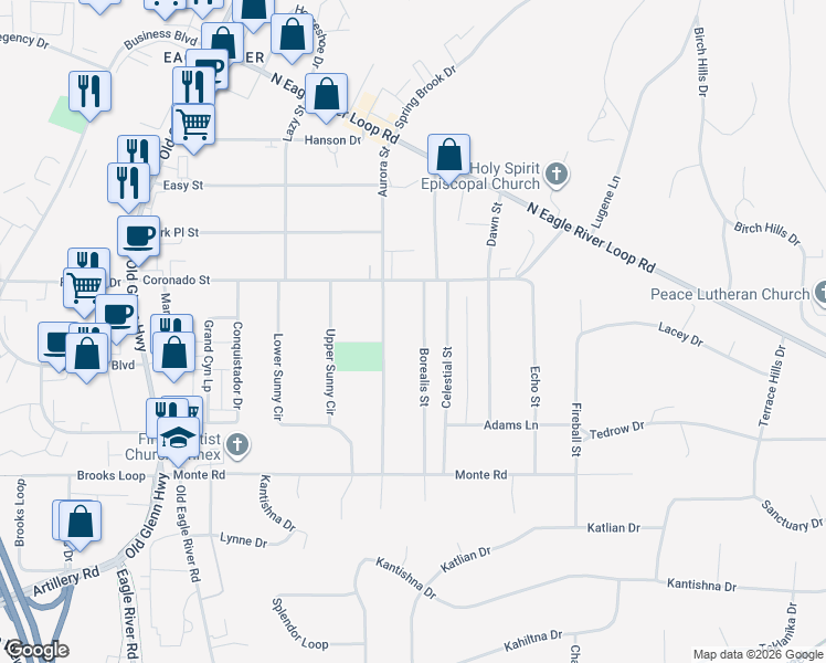map of restaurants, bars, coffee shops, grocery stores, and more near 11516 Borealis Street in Anchorage