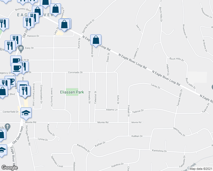 map of restaurants, bars, coffee shops, grocery stores, and more near 11443 Dawn Street in Anchorage